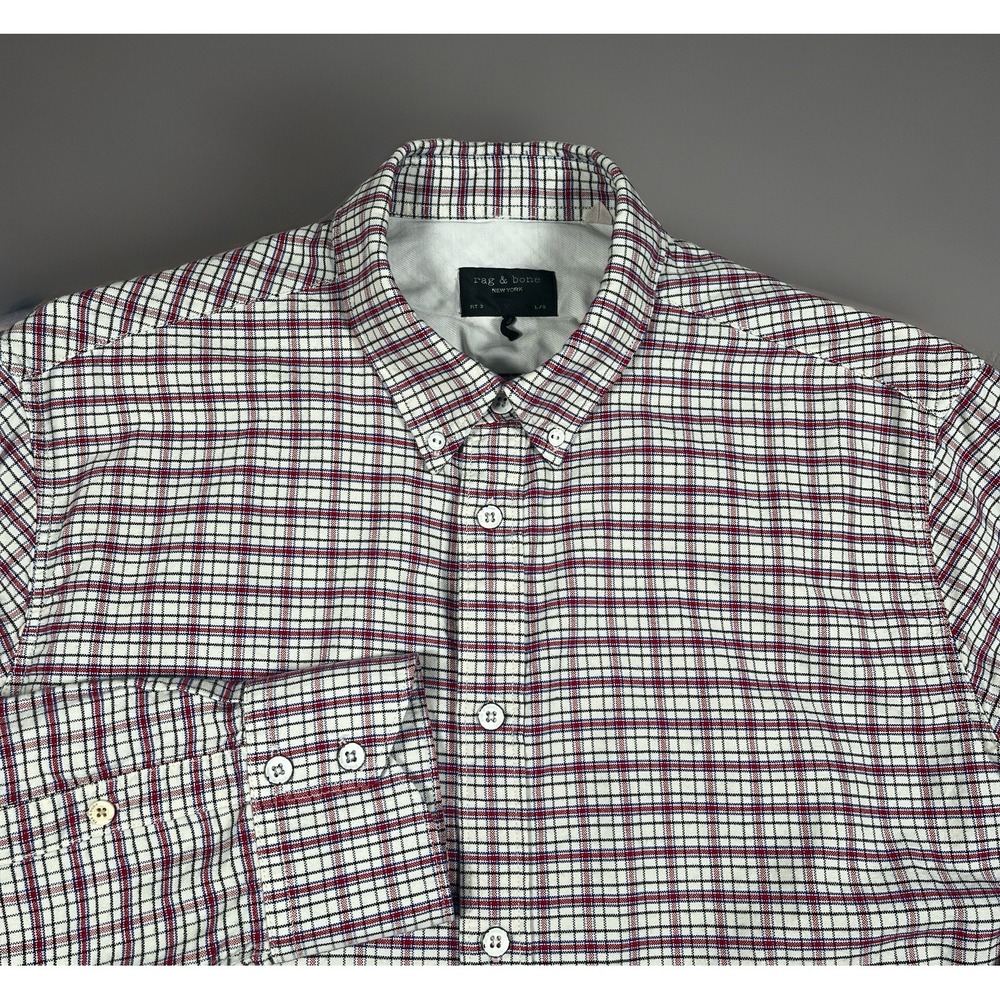 rag & bone Mens Large (Fit 2) Button Down Long Sleeve Plaid Shirt White Red Blue